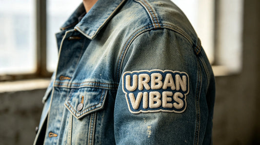 3D puff embroidery patch sewn on the sleeve of vintage washed denim jacket, natural daylight fashion shooting.