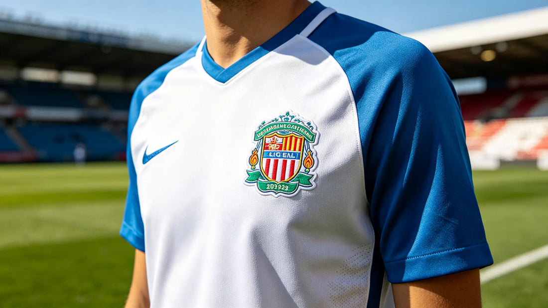 Stretchable custom sublimation team logo patch on official polyester sports game jersey on outdoor sports field
