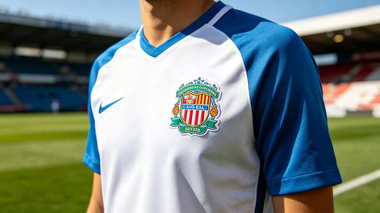 Stretchable custom sublimation team logo patch on official polyester sports game jersey on outdoor sports field