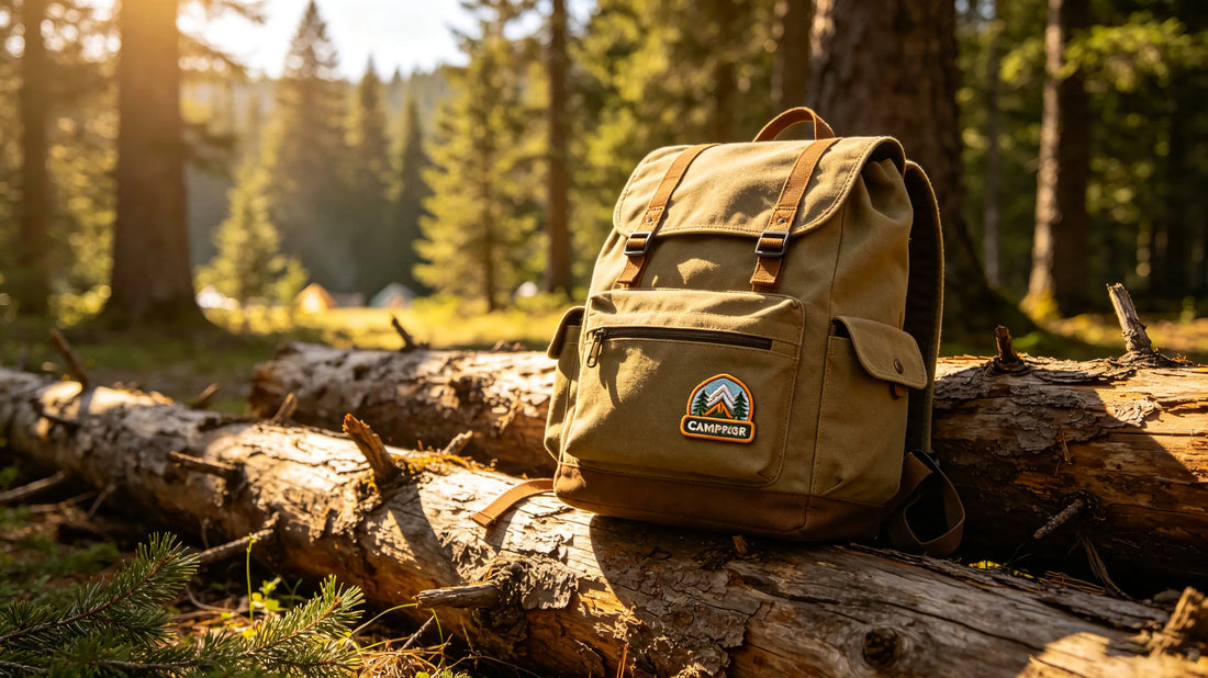 Canvas camper backpack resting on fallen pine log inside woodland campground, 3D embroidered patch naturally positioned on backpack front pocket