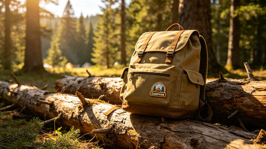Canvas camper backpack resting on fallen pine log inside woodland campground, 3D embroidered patch naturally positioned on backpack front pocket