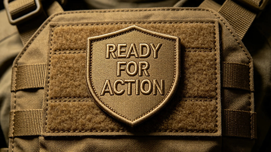 3D puff embroidery morale patch attached to loop panel of coyote tactical vest, studio tactical lighting.