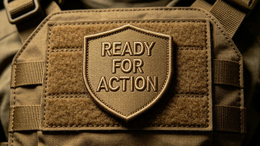 3D puff embroidery morale patch attached to loop panel of coyote tactical vest, studio tactical lighting.