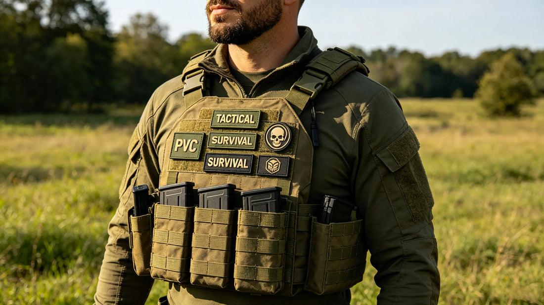 Tactical vest with custom PVC rubber velcro patches outdoors