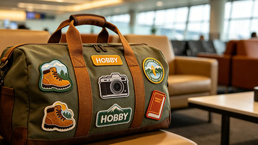 Hobby themed custom patches on travel duffel bag for everyday travel