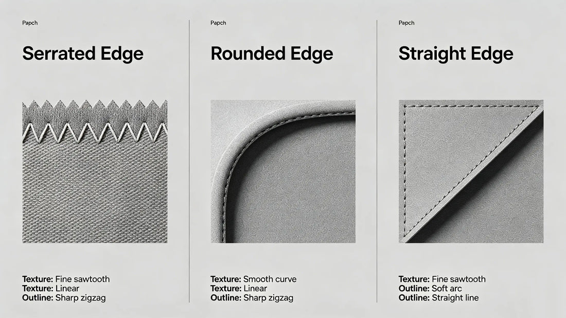 Side-by-side display of merrow edge, heat cut and borderless patches
