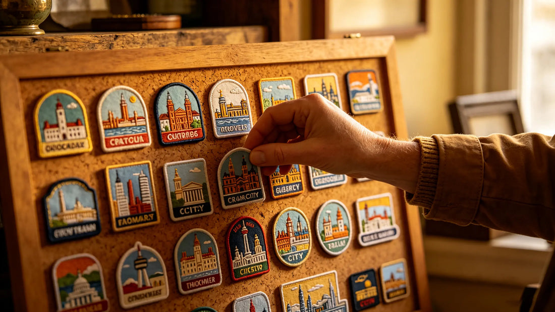 Travel lover collecting custom travel embroidered patches on display board