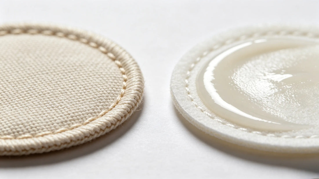 Side view of sew-on backing and iron-on backing patches