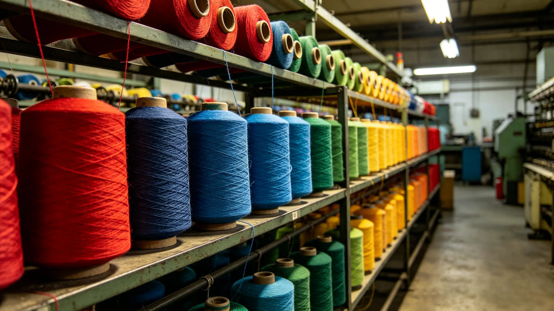 Full range of colored embroidery thread spools prepared for patch production