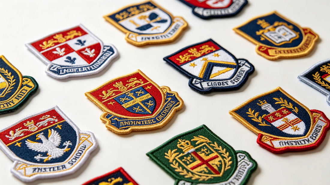 Assorted woven and embroidered school crest badges with shield & round shapes