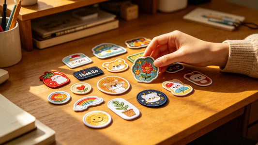 Assorted hook and loop embroidered patch collection on desk
