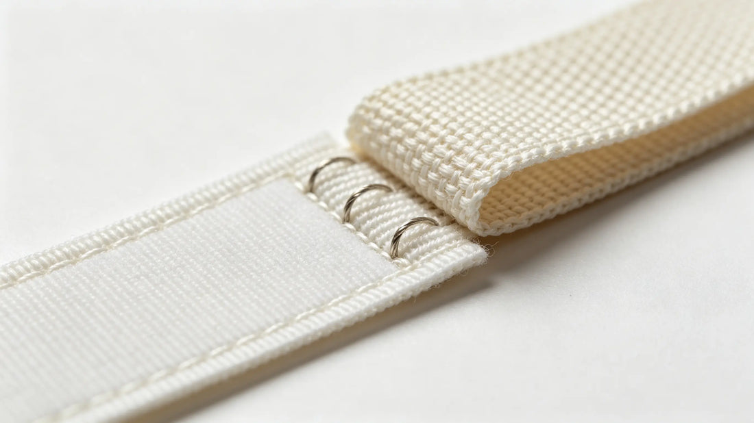 Close view of hook side on patch and separate loop fabric strip