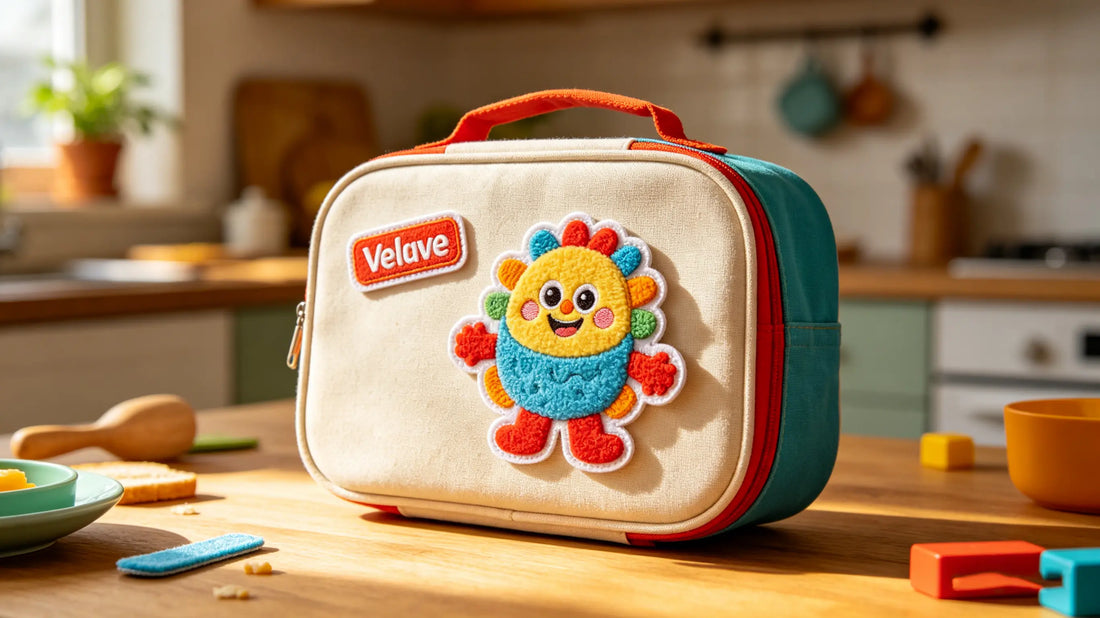 Fun Velcro character patch on kids’ lunch box for easy customization