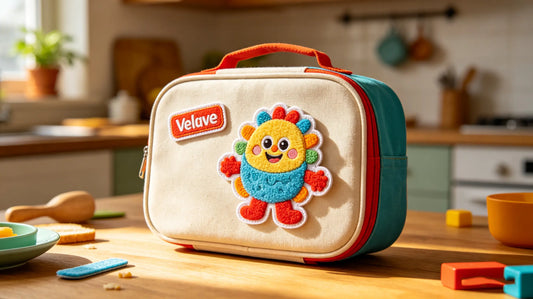 Fun Velcro character patch on kids’ lunch box for easy customization