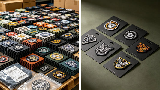 Side-by-side display of bulk wholesale patches and single retail custom patches