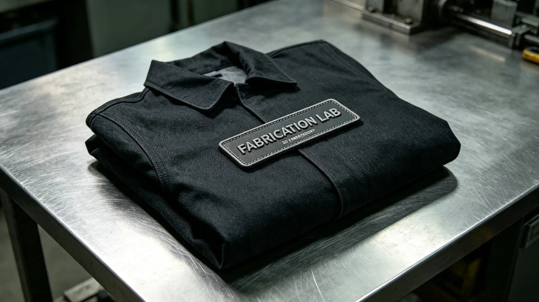 Industrial company logo 3D puff embroidery patch resting on heavy canvas mechanic jacket laid on metal workshop workbench, moody industrial ambient lighting.