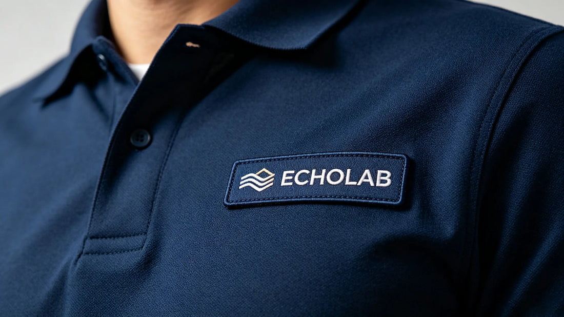 Minimal flat custom woven corporate logo patch on professional office staff polo uniform
