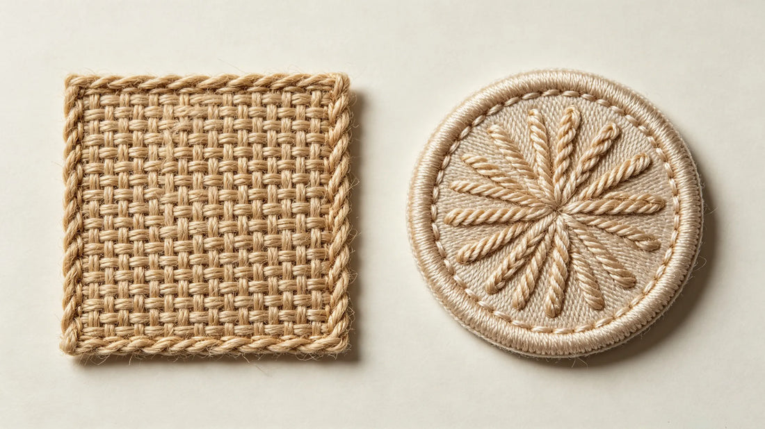 Side by side comparison of woven patches and embroidered patches