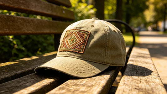 16:9，Lifestyle shot of woven patch on baseball cap, casual outdoor style, soft daylight, everyday wear