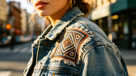 Sleek woven patch on denim jacket for everyday personal style