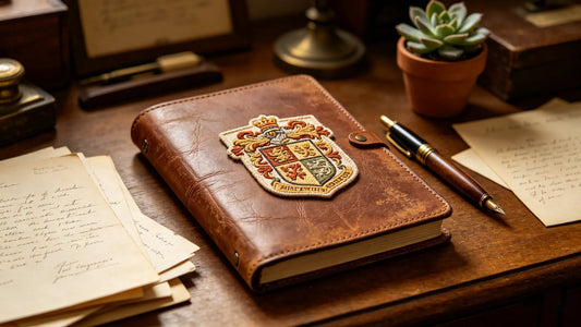 Intricate woven family crest patch on leather notebook for heritage memorabilia