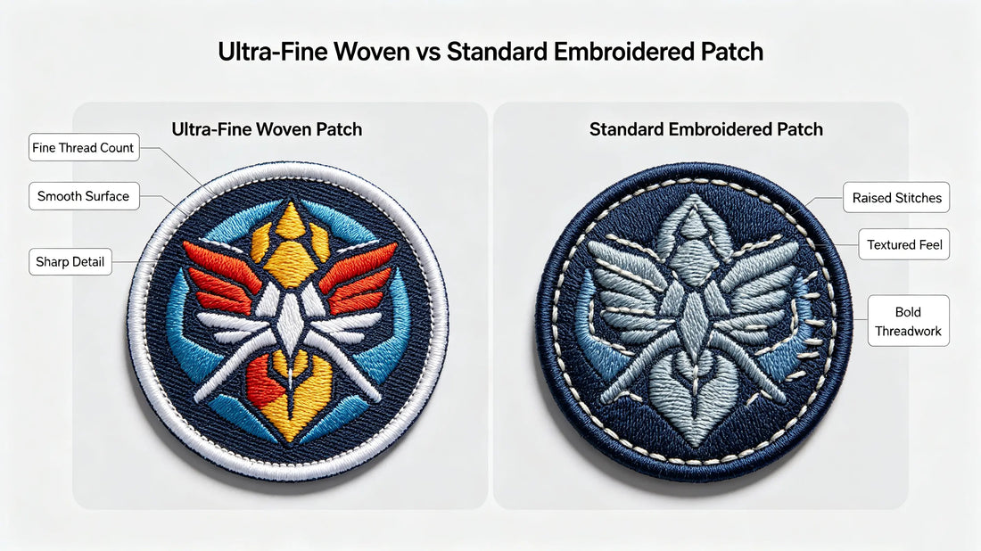 Visual detail comparison between high-resolution custom woven patch and textured embroidered patch