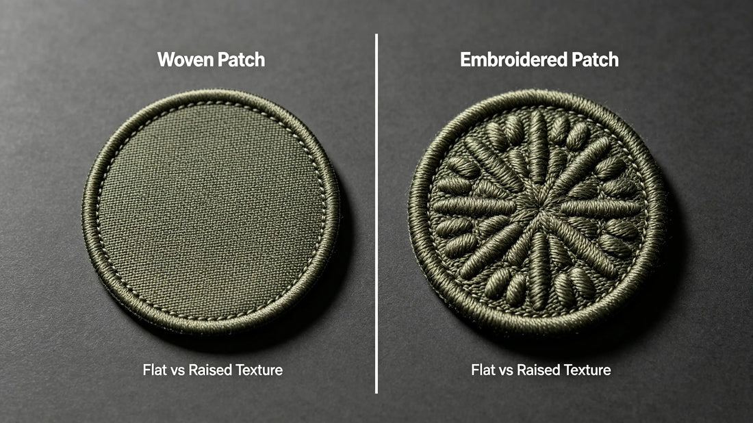 Close‑up texture comparison between flat woven patch and raised embroidered custom patch