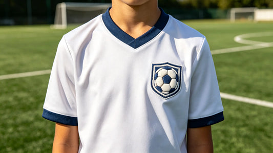 Unified 3D embroidered soccer team patch sewn on youth player’s soccer jersey on outdoor soccer field