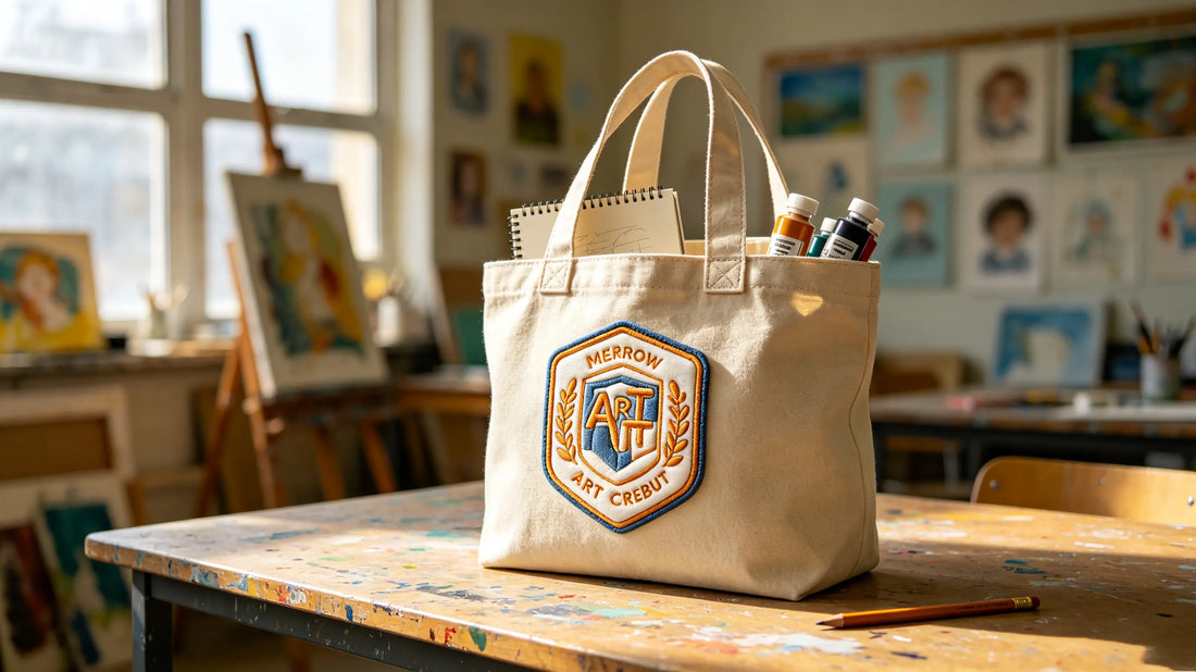 3D embroidered youth art club patch sewn onto front of student canvas art tote bag inside art classroom