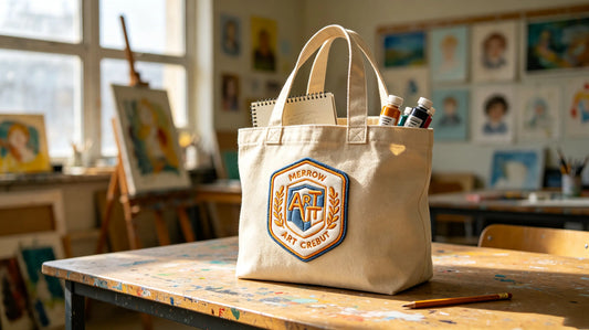 3D embroidered youth art club patch sewn onto front of student canvas art tote bag inside art classroom