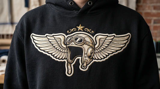 A detailed close-up shot of a custom 3D puff embroidery patch, showcasing a complex design of a vintage aviator helmet with spread wings and a small star, rendered in thick cream and metallic gold thread. The patch has a pronounced raised texture, casting subtle shadows, and is sewn onto the chest of a black, heavyweight cotton streetwear hoodie with a precise merrowed border. The background is a gently blurred concrete studio wall.