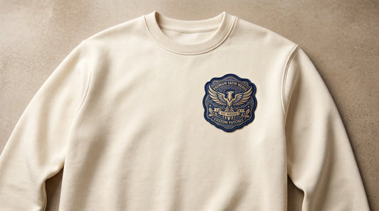 A fully visible, straightly oriented single satin woven patch with high-density 50D yarn and ultra-smooth luster, neatly stitched on the right chest of a solid-color cotton sweatshirt.