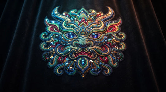 An overhead shot of a single, intricately detailed theatrical badge applique, featuring cupped sequins and traditional flat embroidery forming a complex central motif, sewn onto dark stage velvet. The overall shape is a stylized character emblem. The light from an overhead theatrical truss creates a shimmering, non-uniform field of precise, varied reflections across the thousands of small, cup-shaped sequin surfaces. Five small embroidered stars are subtly integrated into the bottom of the design. The base 