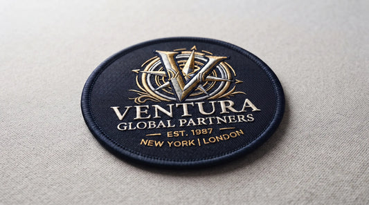 A minimalist, high-end studio photograph of a custom corporate patch, designed for professional B2B marketing and branding.