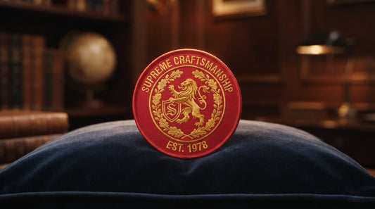A close-up of a single high-end embroidered patch on velvet, conveying bespoke quality and exact color matching for tactical academy uniforms.