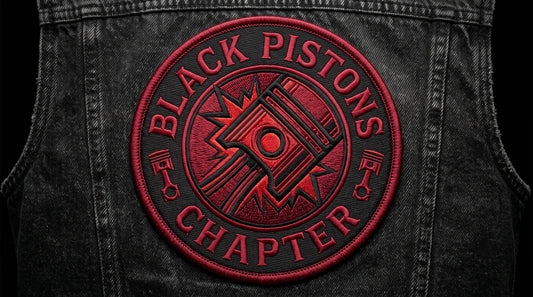 A circular black and red motorcycle club patch featuring an abstract exploding piston design with bold red lettering on the outer ring.