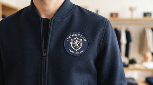 A complete high-density woven patch centered on a luxury bomber jacket, showcasing elegance and professional branding.