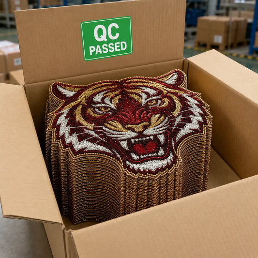Bulk production of custom sequin patches neatly stacked in a box with strict QC passed.
