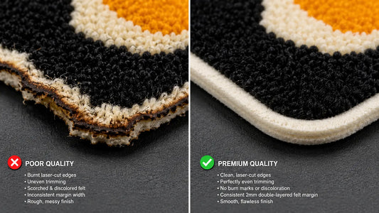 Edge finish comparison showing our zero-burn laser-cut felt borders for custom chenille patches.
