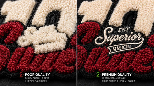 Resolving tiny text details on custom chenille patches using precise mixed-media flat embroidery.