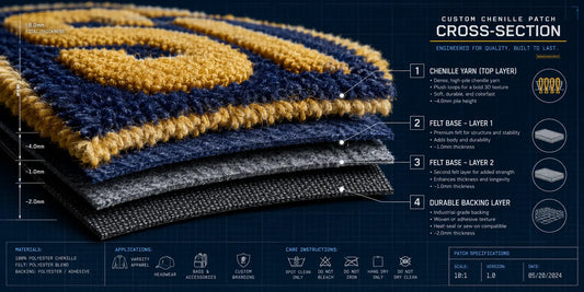 Technical specifications cross-section of a premium custom chenille patch showing yarn density and double-layered felt.