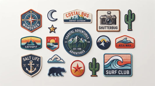 A wide-angle flat-lay collection of various custom embroidered patches in different shapes and styles, showcasing versatility for bulk wholesale orders.
