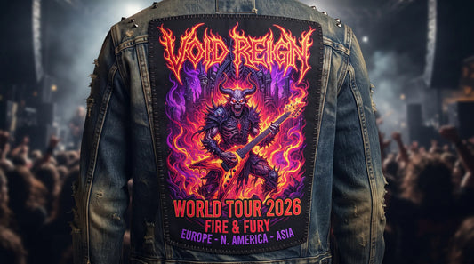 A large, vibrant embroidered heavy metal band tour back patch with a skeletal demon design.