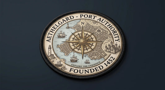A complete, top-down view of a premium custom sublimated patch, showcasing its smooth, printed polyester twill surface featuring a clear, intricate 'vintage micro-map and compass' design. The patch has a thick embroidered border, with the entire circular patch fully visible in the image.