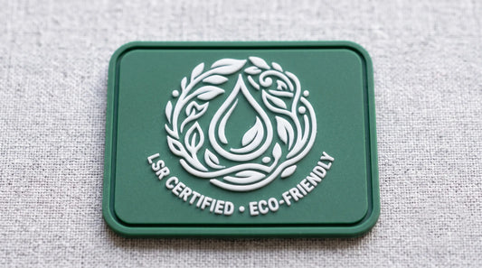 A circular custom silicone rubber patch featuring a central embossed graphic of a water droplet encircled by a leaf motif, symbolizing 100% Liquid Silicone Rubber and eco-certification.