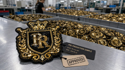Approved pre-production sample matching perfectly with bulk sequin patches order.