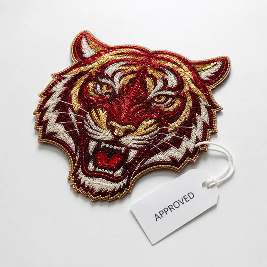 Physical pre-production sample photo of an approved custom sequin patch ready for bulk.