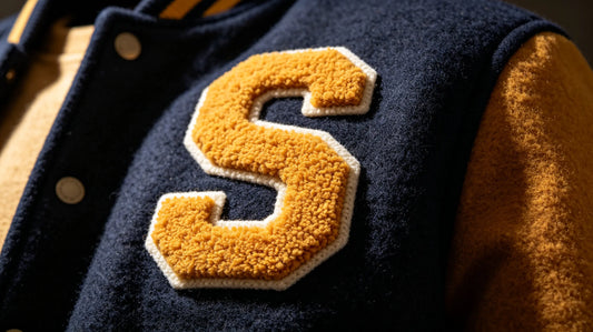 Premium high-density custom chenille patches applied to a varsity jacket for B2B bulk wholesale orders.