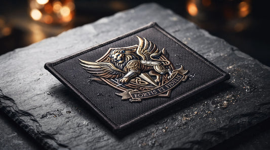 A single, exquisitely detailed tactical patch under focused studio lighting, emphasizing superior material quality and luxurious texture.