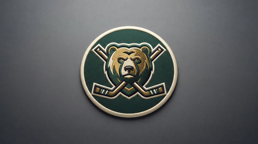 A clean studio photograph of a single high-quality hockey patch, emphasizing color accuracy, professional embroidery, and tackle twill construction.